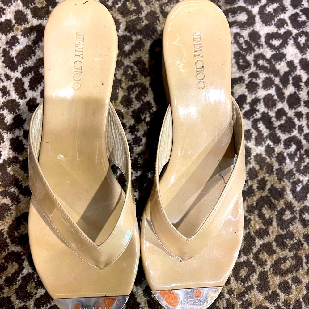 Jimmy Choo Nude Patent Leather Thong Sandals with Silver Accent